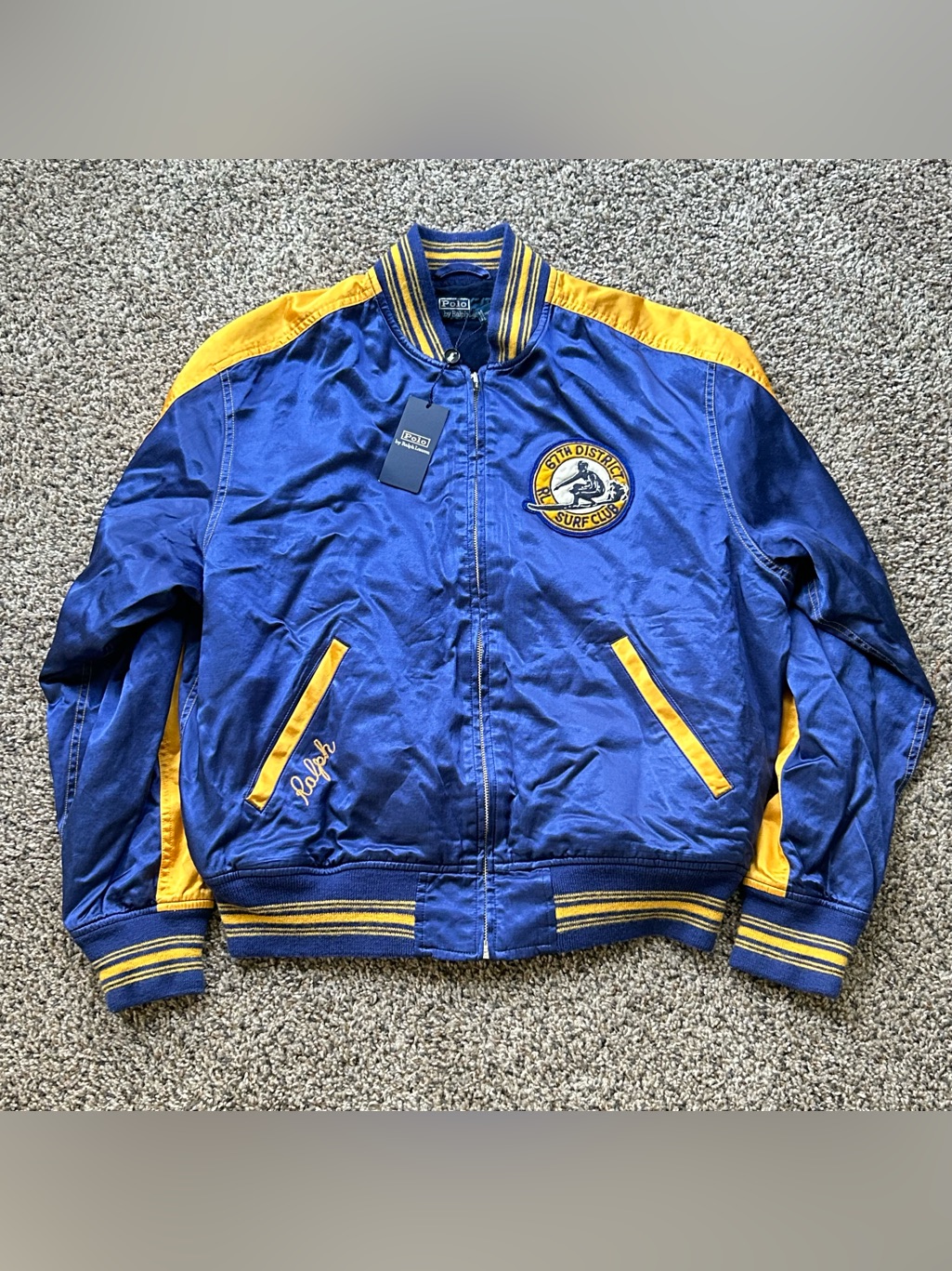 Polo Ralph Lauren 67th District Surf Club Satin Bomber Jacket Blue Mens Medium